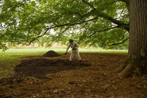 A gardener wearing a white jumpsuit, dark green boots and gloves, a dark green bandanna, and glasses, spreads fresh compost around the base of a large tree.